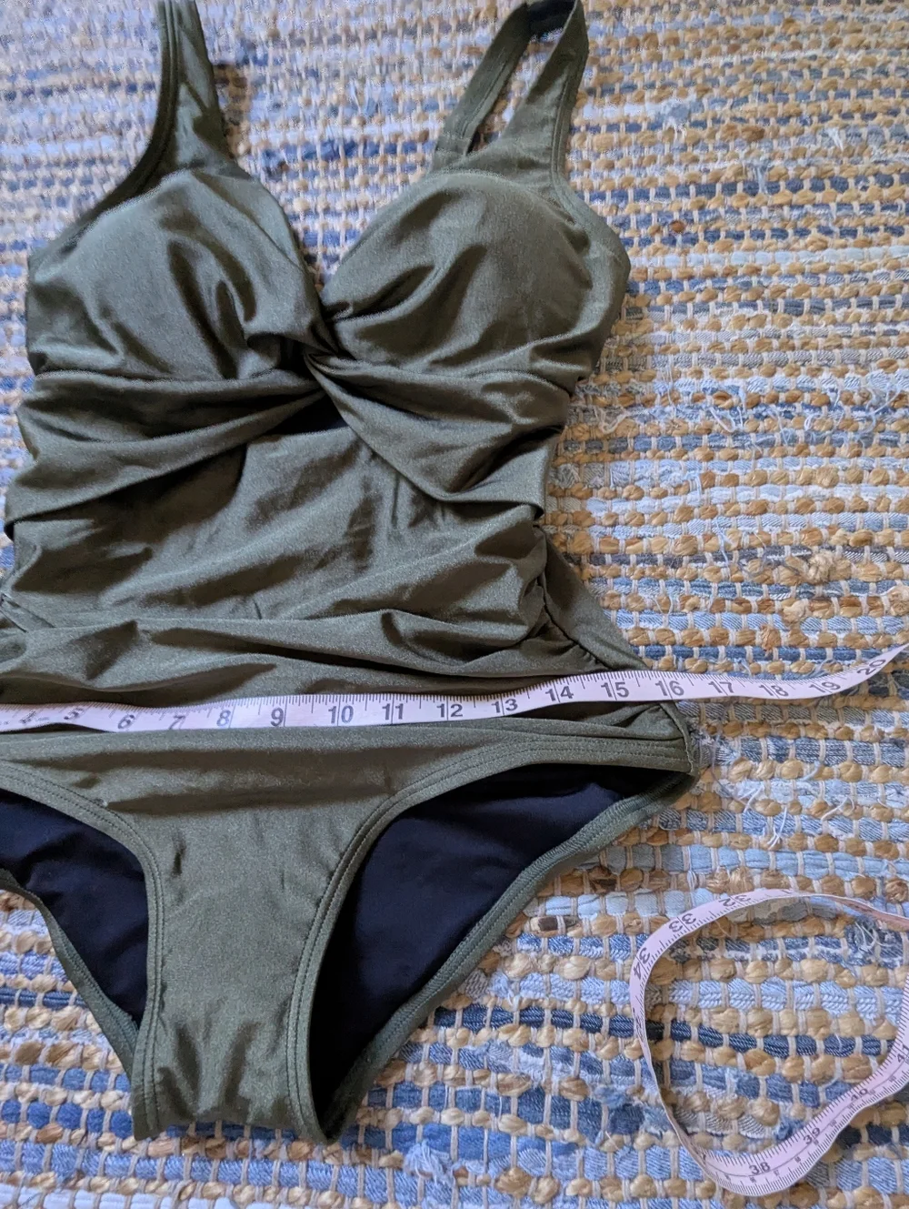 DKNY Olive Green One Piece Swimsuit M Twist Front Ruched Tummy Control Sleek - Picture 4 of 9